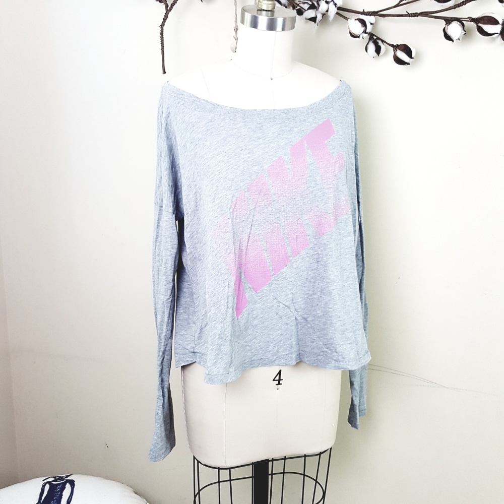NIKE Pink/Gray Cotton Off Shoulder Long Sleeve Tee - Picture 5 of 7